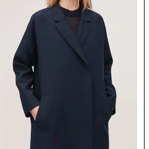 ✨ COS Navy Blue Blazer Style Tailored Wool-Blend Double-Breasted Coat Medium